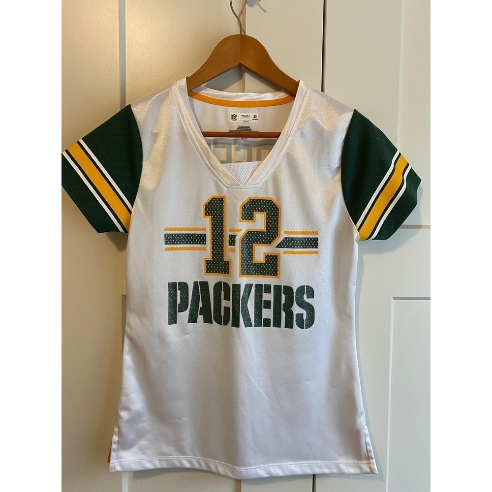 NFL Top Small Green Bay Packers Jersey Glitter V Neck Rogers Team Apparel Women